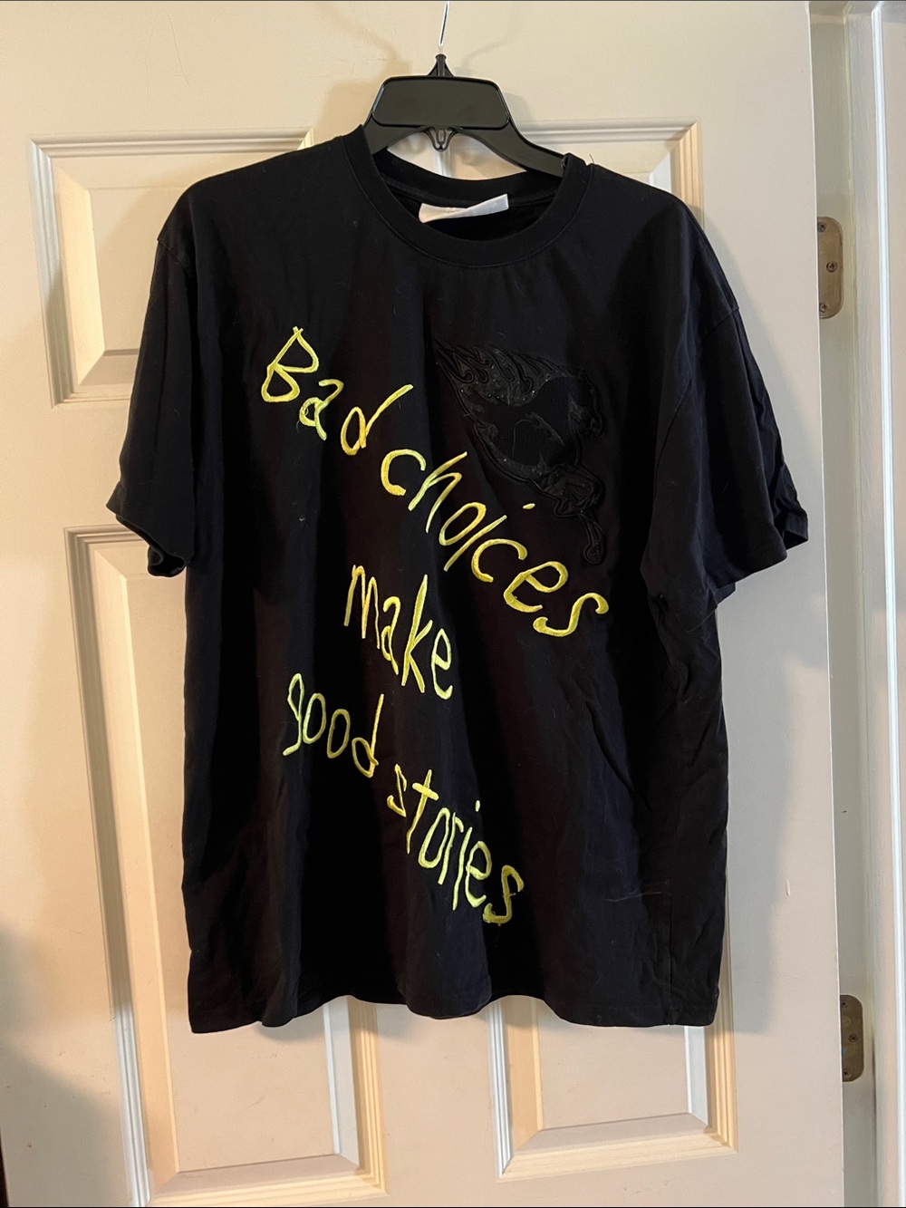 Black Graphic Tee with Neon Yellow Script - "Bad choices make good stories"